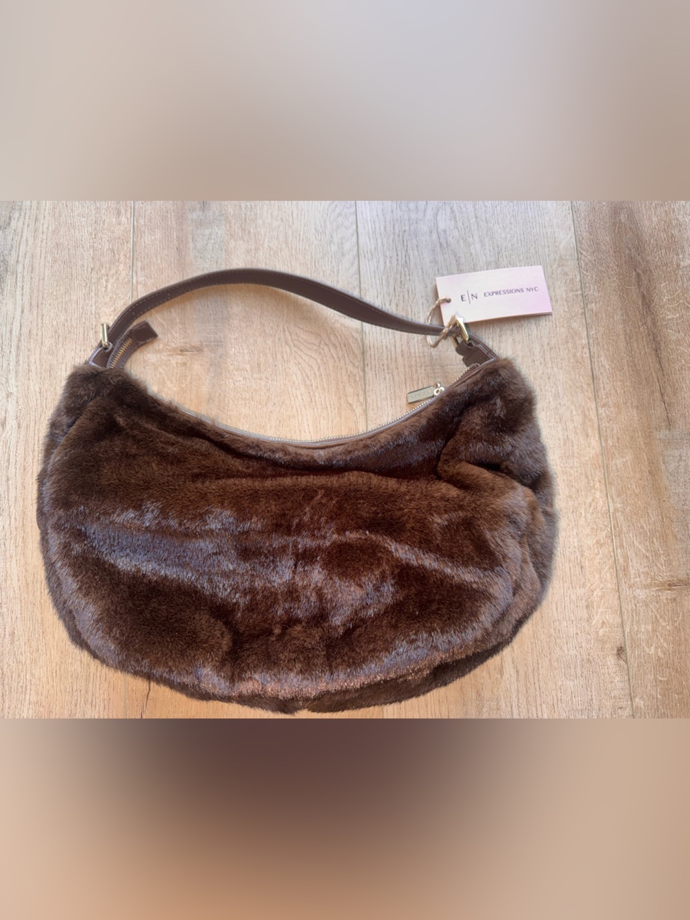Expressions NYC Faux Fur Hobo Shoulder Bag - Brown